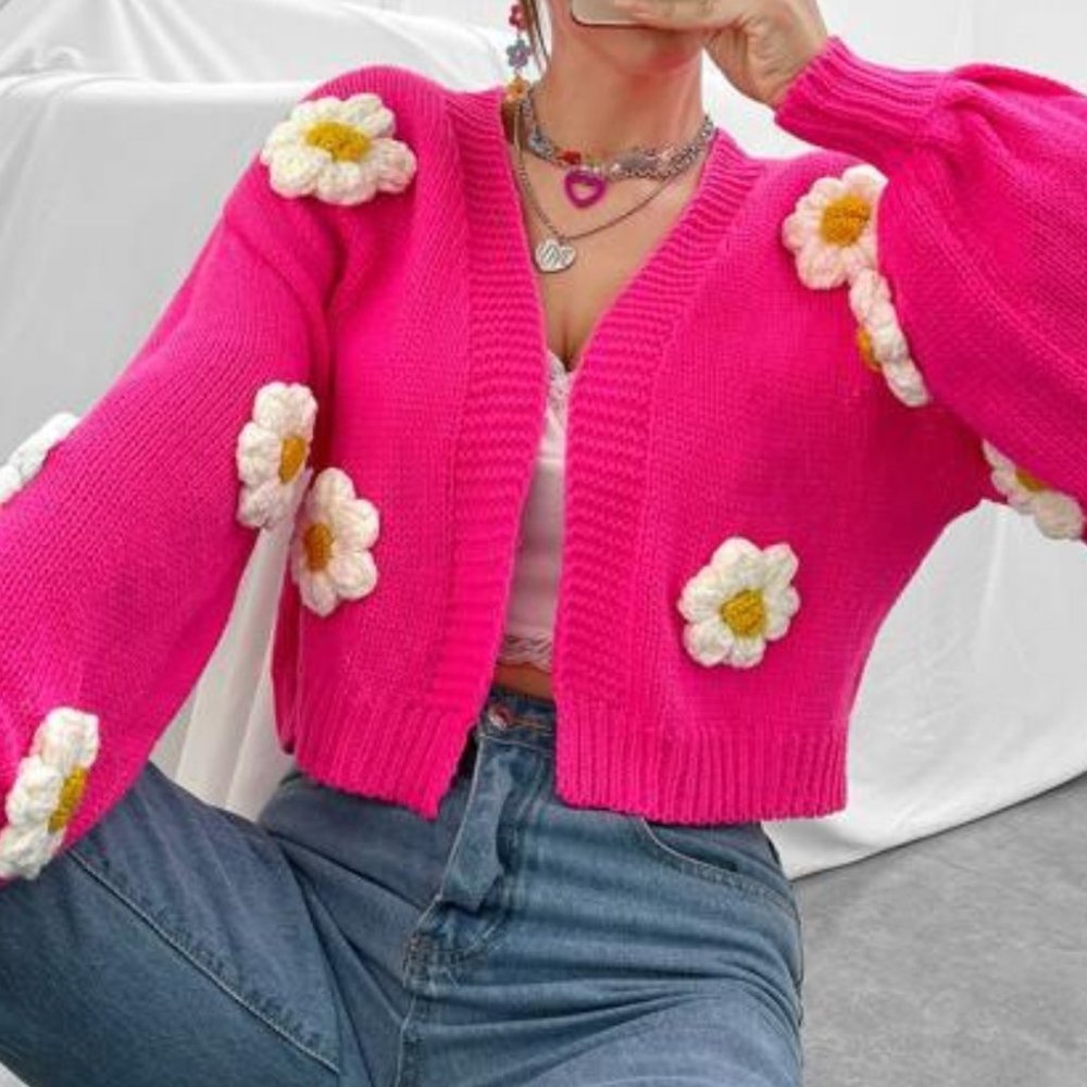 Hot Pink Floral Bishop Sleeved Sweater Cardigan - Picture 7 of 8